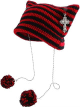 Ladies' Hat - Retro-style knitted hat - Crocheted girl's hat - Fox and cat ear design - Matches retro-style clothing (One size, red)