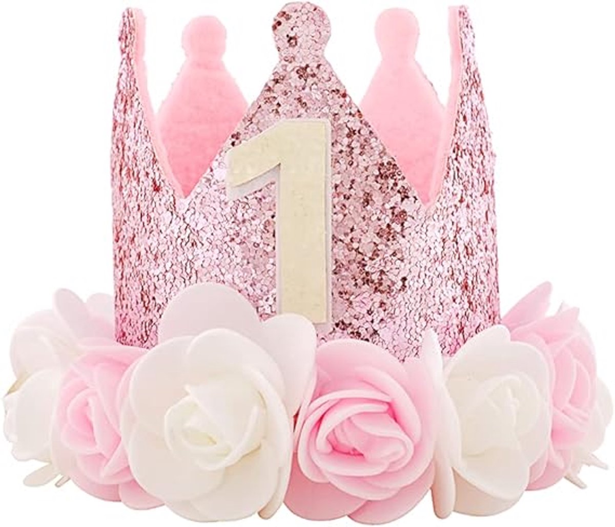 Birthday Hat - Perfect for a girl's first birthday - Rose Gold Party Crown - 3-inch Floral Princess Pink