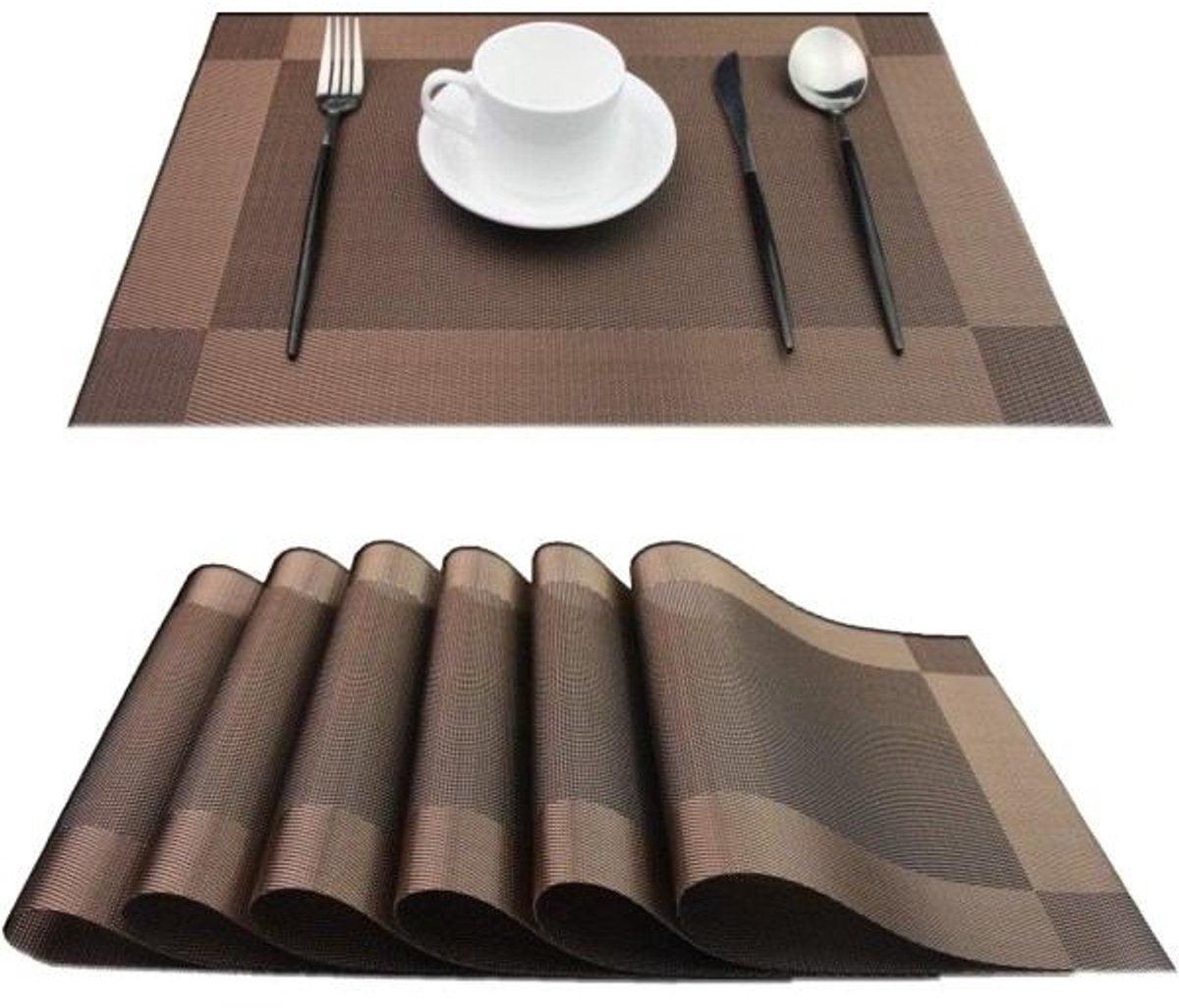 Placemats - Heat-resistant, non-slip placemats - Easy-to-wipe and clean woven placemats - Suitable for dining tables - Set of 6 pieces - Chocolate brown