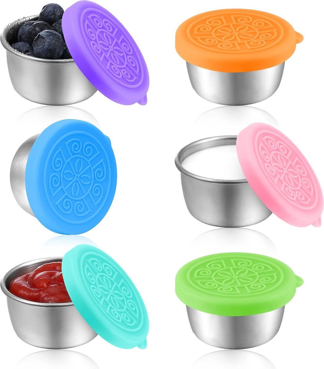 Mini Food Storage Containers - Stainless Steel Snack Box - To Go Set of 6 Dressing Jars 50ml - Sustainable Snack Boxes - Freezer Containers - Lunchbox Seal Cup - Silicone Storage Containers with Lids - Dressing Container - BPA Free - Leakproof - For Snack