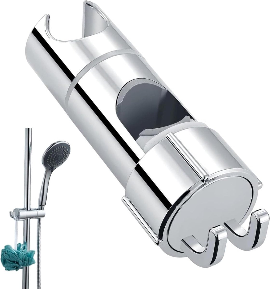 Slide Piece for Shower Rod - ø 18-25 mm - Hand Shower Bracket - With 2 Hooks - Chrome - Adjustable - ABS - Hand Shower - Shower Head - Shower Head Holder - Hand Shower Holder - Shower - Bathroom - Silver - Universal - For Shower Rod - Easy Installation