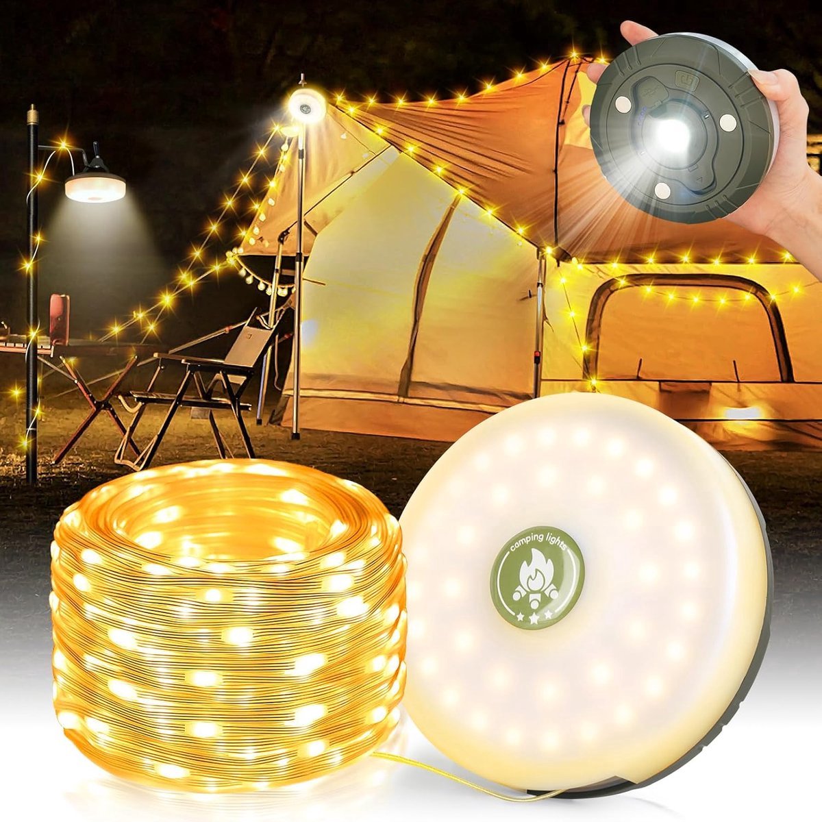 Camping Light String 10 Meters - Ambience Strip - IPX4 Waterproof - Retractable - Rechargeable - Warm White | Outdoor Lighting Garland - Camp Lamp - Camping Lamp - Lights - Light String - Tent Lamp - Rechargeable Camping Lamp With USB C - Outdoor