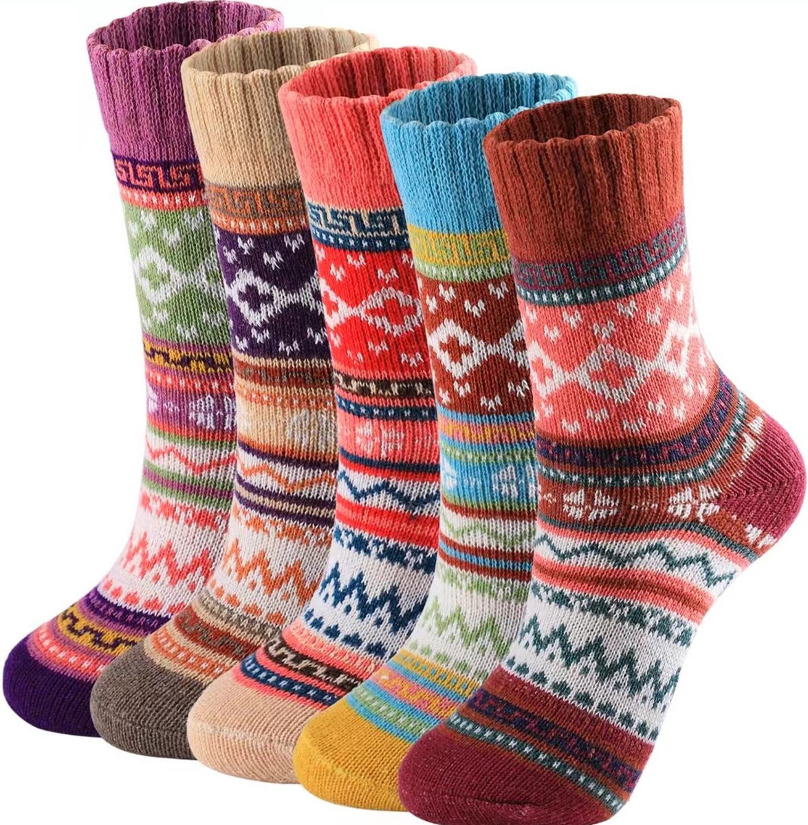 Warm Winter Socks for Women - Set of 5 Pairs - Vintage Design - Women's Socks - House Socks - Socks - Warm Socks for Women - Premium Cotton Regular Socks - One Size - Birthday - Mother's Day - Gift for Woman - Thick, Warming Quality