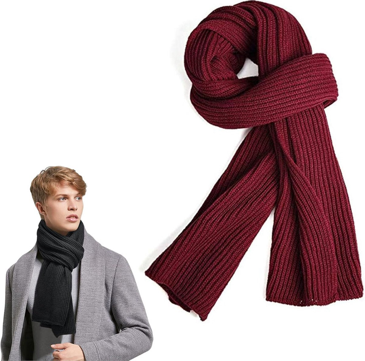 Knitted Scarf for Women & Men - Warm Winter Scarf - Small Scarf - Unisex - Oblong Scarf - Wool Scarf - Winter Warm & Soft - Men's Scarf - Women's Scarf - Finely Woven Scarf - Classic Scarf - Deep Red - 185 X 30 Cm
