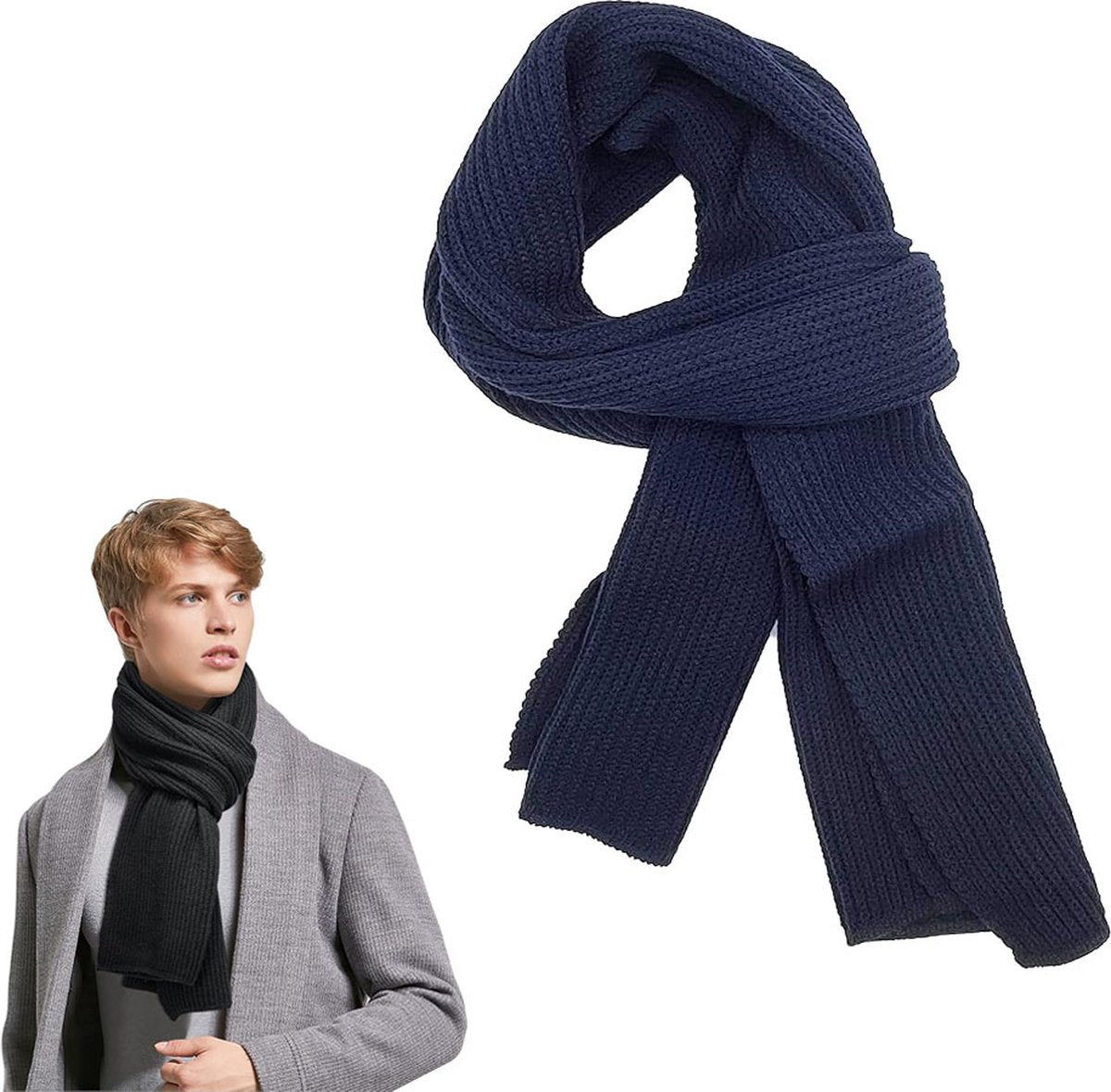 Knitted Scarf for Women & Men - Warm Winter Scarf - Small Scarf - Unisex - Oblong Scarf - Wool Scarf - Winter Warm & Soft - Men's Scarf - Women's Scarf - Finely Woven Scarf - Classic Scarf - Blue - 185 X 30 Cm