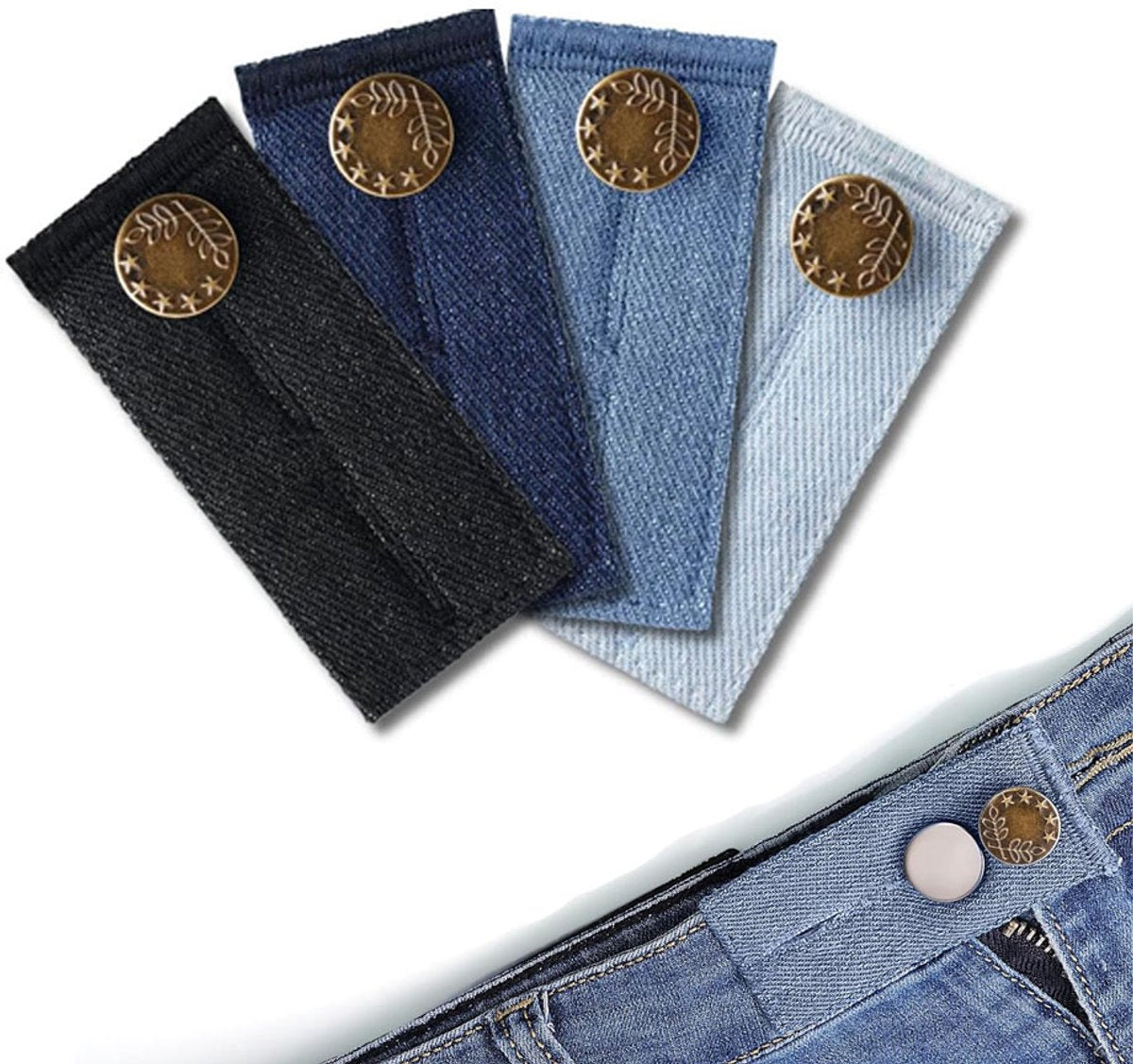 Buttonhole Extender 4 Pieces Denim - Trouser Extender - Jeans Trouser Extender - Trouser Widening Button - Trouser Buttonhole Extender - Button Extender - Jeans Extension Button - Maternity Trouser Extender - Buttonhole Elastic - Jeans Buttons