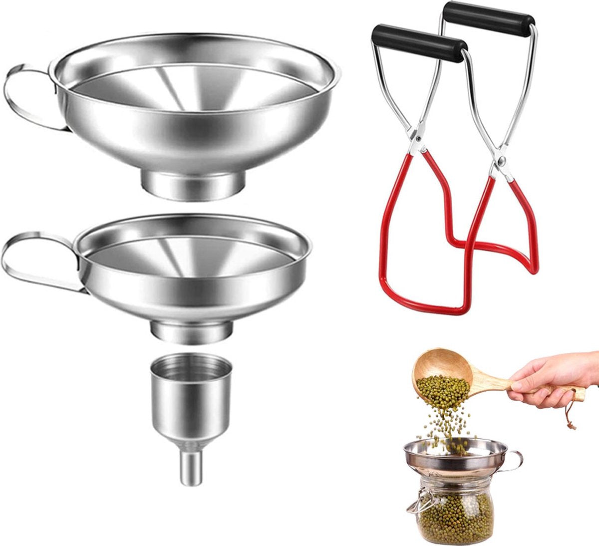 Funnel Set - 4 Pieces - Stainless Steel - Kitchen Funnels - Metal Filling Funnel - Kitchen Funnel - Jam Funnel - Includes Can Clips - Liquid - Pouring - Dishwasher Safe - Kitchen Helper Tool - For Transferring Essential Oils, Liquids