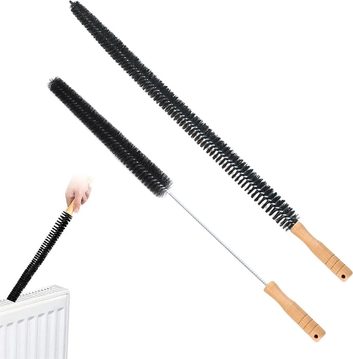Radiator Brush - 2 Pieces - Flexible Radiator Brush - Dust-Binding Brush - Heating Cleaning Brush/Rapid Brush - Heating Scrub Brush - Handy - With Handle - Long Handle - Multifunctional - For Dry and Wet Cleaning - Black - 70/75cm