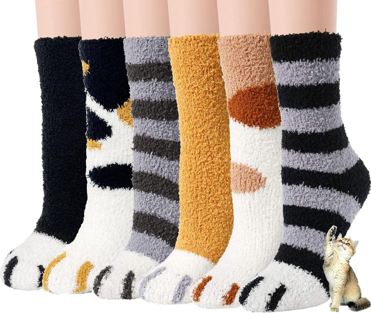 Warm Winter Socks Ladies - Set of 6 Pairs - Ladies Plush Socks - Women's Socks - House Socks - Sleep Socks - Fluffy Socks - Cat Claw - Cute Animal Socks - Birthday - Mother's Day - Gift for Women - Thick, Warming Quality - Christmas Gift