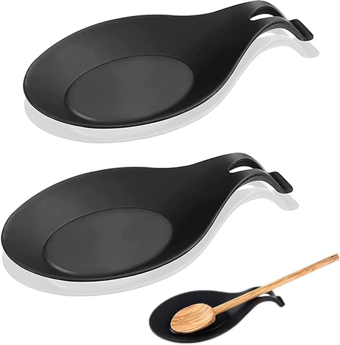2 Pieces Matte Black Spoon Holder - Kitchen Home Spoon Holder - Silicone Spoon Holder - for kitchen, home, dining room, cutlery storage - Dishwasher safe (Black - 20 cm)