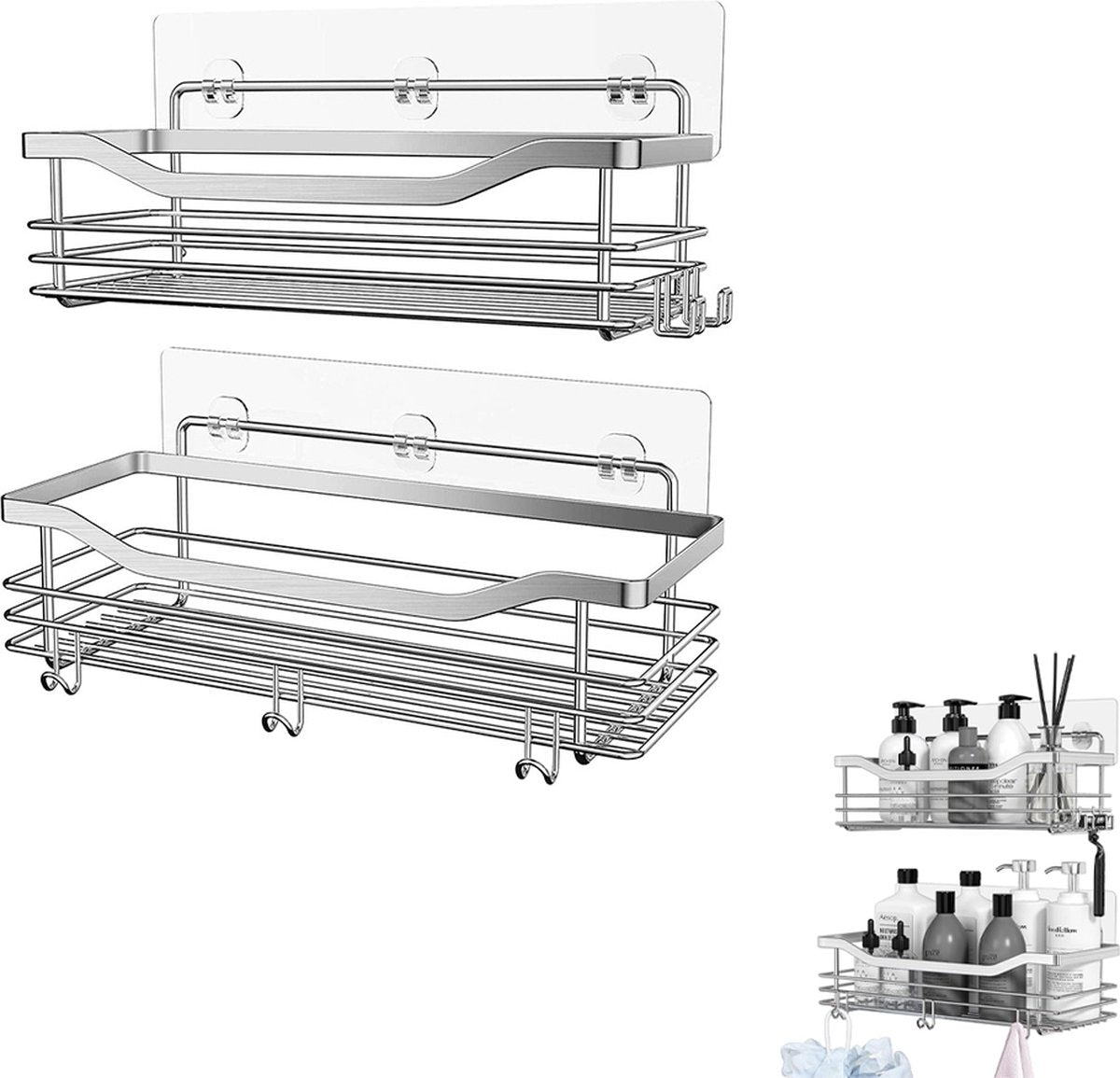 Shower Rack - 2-Tier - Wall Shower Rack - Bathroom Rack - Storage - No Drilling Required Shower Rack - Shower Basket - Hanging Shower Rack - Small Rack for In The Shower - Bathroom Shelf - Shampoo Rack - Shower Rack - Stainless Steel - Self-Adhesive - For