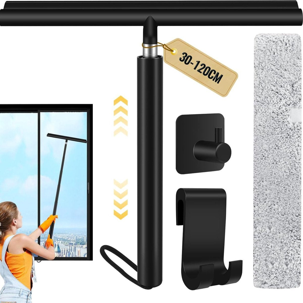 Extendable Shower Squeegee - Up to 120 CM - With Hanging Hook and Squeegee Cloth - Floor Squeegee / Window Squeegee with Long Handle - Shower and Bathroom Squeegee - For Windows, Mirrors, Bathroom, Smooth Surfaces