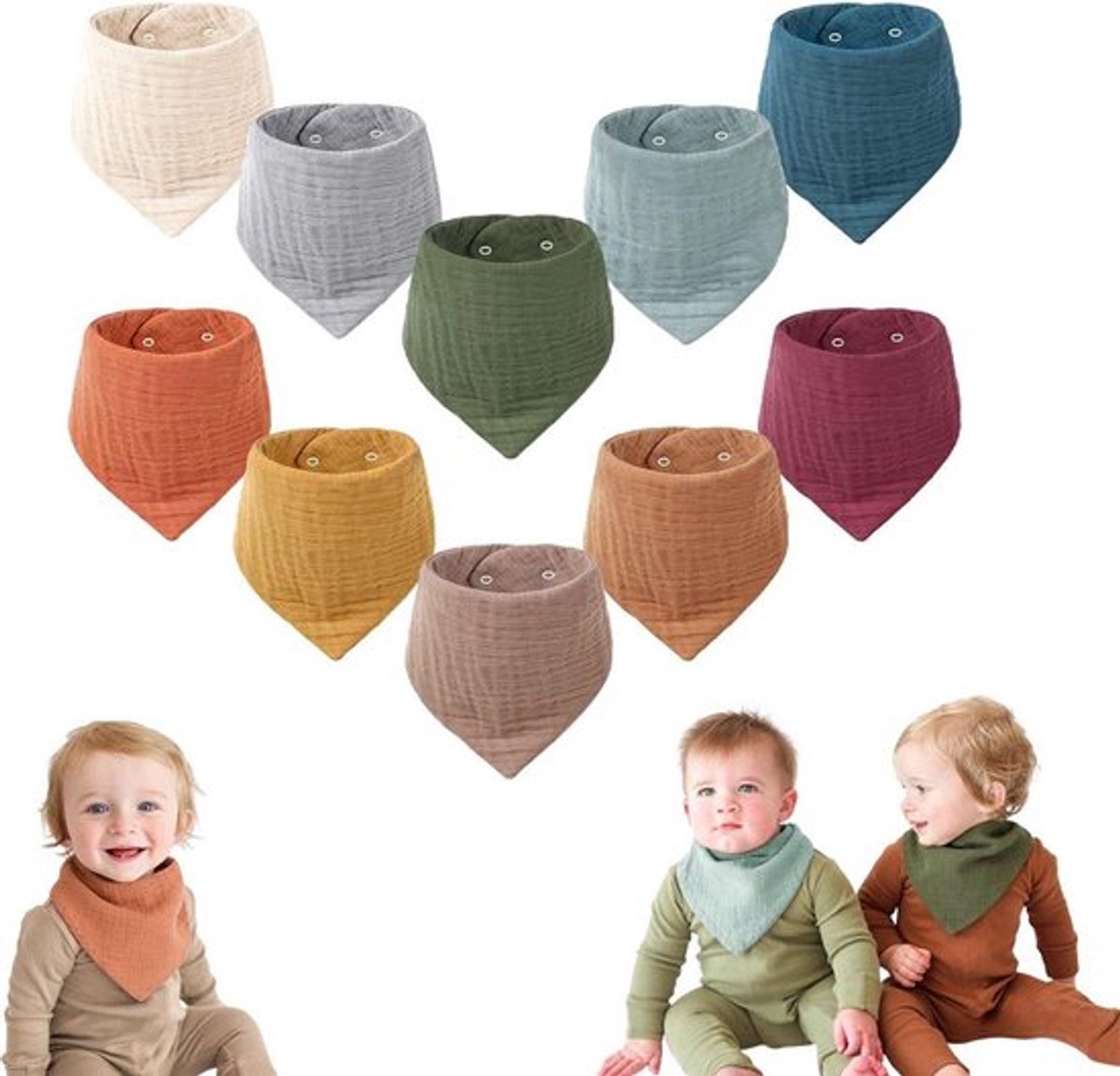 Baby Bibs - Set of 10 - Soft - Washable - Bibs - Drool Bibs - Drool Cloths for Babies and Children - Baby Bibs - Burp Cloths - Baby Neck Scarf - Adjustable Snap Fastener - Perfect for Feeding, Drooling, and Clothing Protection