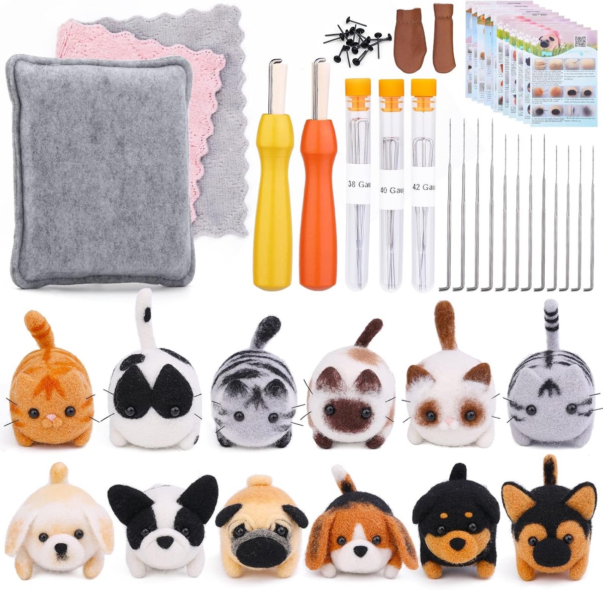 Needle Felting - 45-Piece Starter Set - Crafts for Girls - Crafts for Boys - Incl. Tools - Needle Felting - Kit - Carded Wool - Felting Needles - Children's Sewing Set - Forest Animals - For DIYers, Home Decor, Birthday Gift