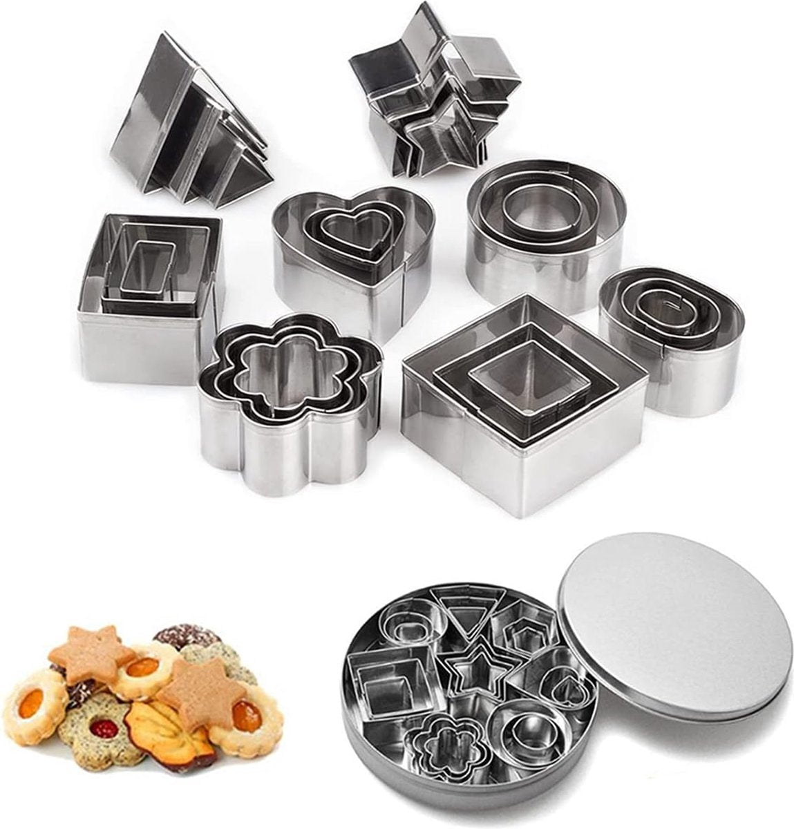 Cookie Cutter - 24 Pieces - Cookie Mold Set - Stainless Steel Cookie Cutters - Heart / Flower / Round / Star - Cookie Shapes - Cookie Molds - Cookie Baking - Cookie Shapes - Cookie Mold - Chocolate Mold - Christmas - Cookie Figures - Star Moon Heart Flowe