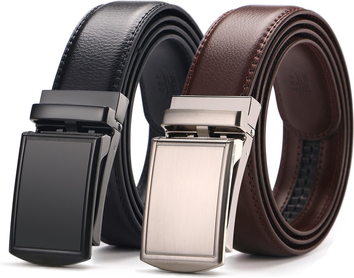 2 Pieces - Men's Belt - Leather Belt - Leather Belt - Shortenable - Adjustable - Automatic Buckle Belt - Trouser Belt - Cow Leather - No Holes - Men's Birthday Belt - Gift for Man - Gift for Men - 110-130cm - Black & Brown