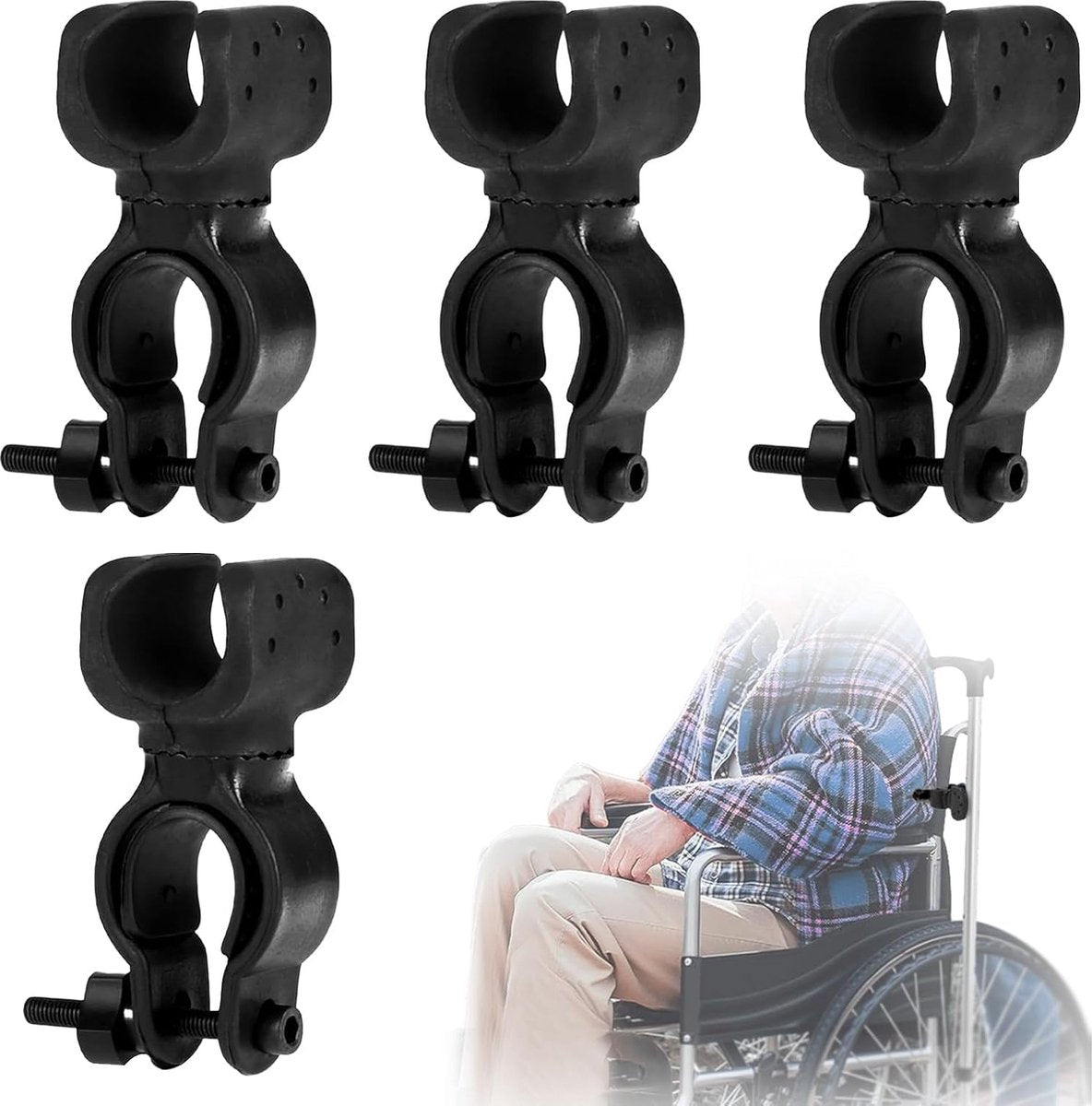 Cane Holder - Crutch Holder - 4 Pieces - For Mobility Scooter Wheelchair Bicycle Rollator - Crutch Holder - Stick Holder - Walking Stick Holder - Universal Crutch Cane Bracket - For Crutches For Mobility Scooter, Assisted Rollator, Wheelchair, Electric Sc
