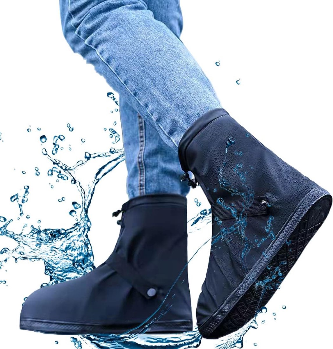 Waterproof Shoe Covers - Rain Shoe Covers - With Zipper, Drawstring and Snap - Waterproof Shoe Protectors - Motorcycle Scooter Bicycle Shoe Cover - Shoe Rain Cover - Shoe Cover - Shoe Covers - Anti-Slip - Size L 40-42 - Black - Reusable