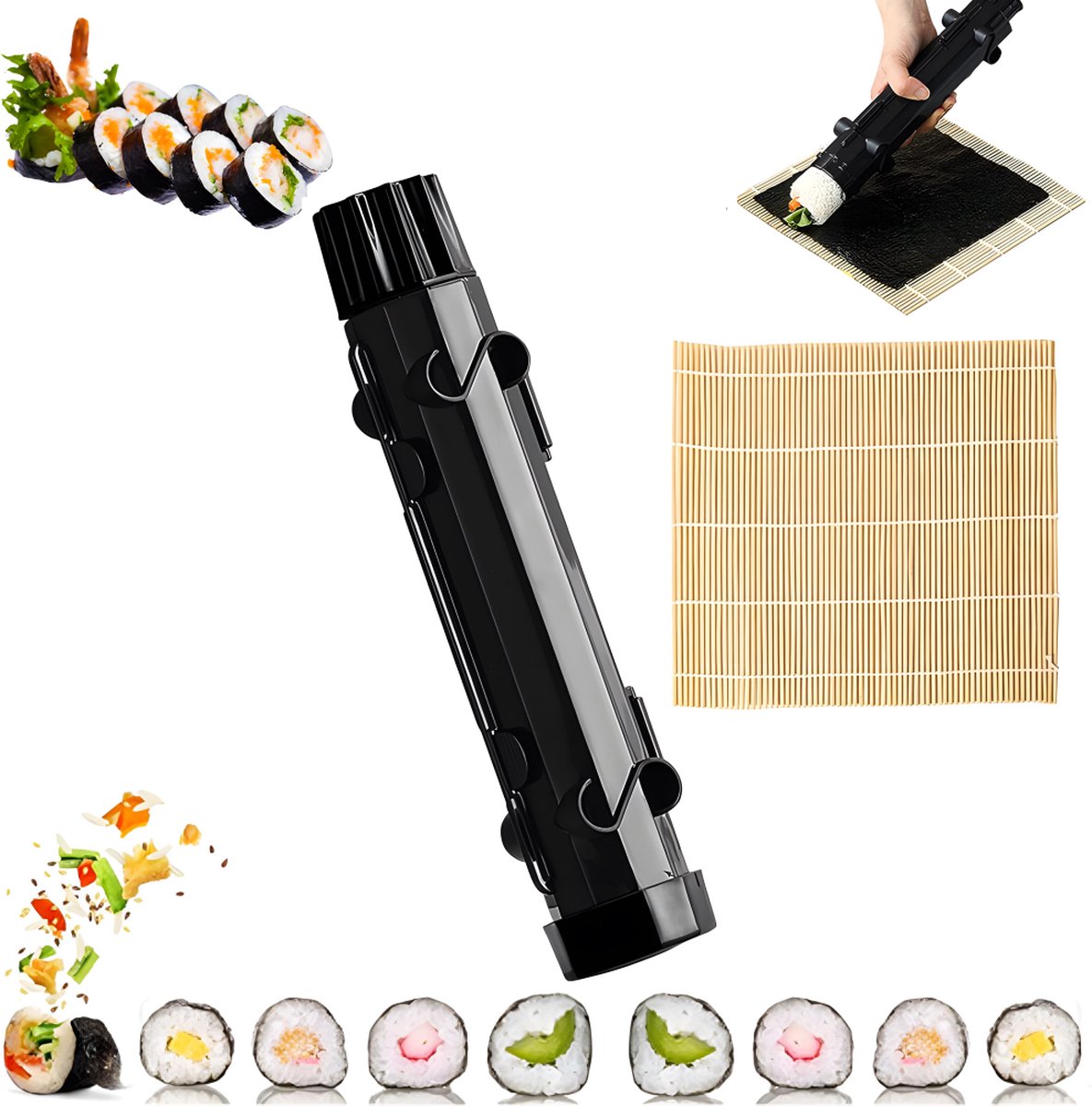 Sushi Maker Kit - Sushi Set - Sushi Maker - Sushi Roller - Sushi Bazooka - Includes Bamboo Sushi Mat - Shapes - DIY - Sushi Making - Sushi Shape - Sushi Mold - Gift - Black