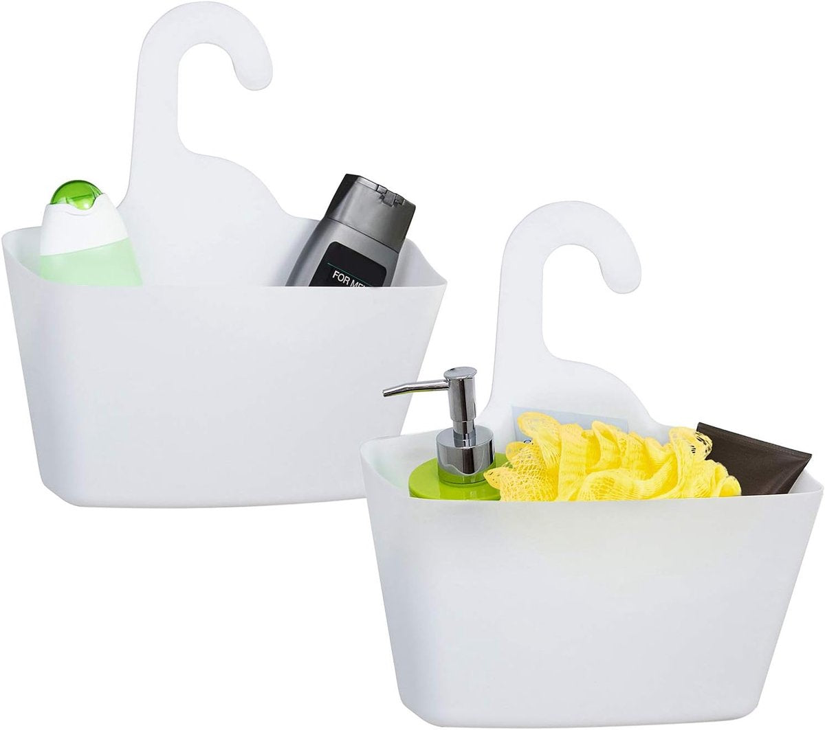 Hanging Shower Baskets Set of 2 - Hangable Shower Rod Basket Rack with Hook - Hanging Bathroom / Shower Basket Bathroom Basket Shampoo Holder with Hanging Hook - Hang Shower Basket Without Drilling and Screwing - White