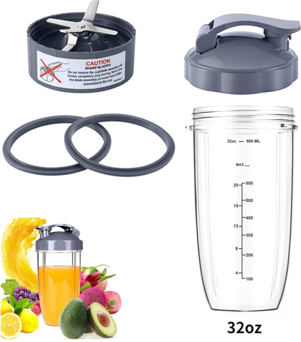 5 Pieces - Suitable for Nutribullet Blender Cup and Blade Replacement Set - Includes Large 32 Oz Cup - 1 Flip-Up Carrying Lid - 1 Premium Extractor Blade - 2 Rubber Seals - Compatible with Nutribullet 600w/900w Blenders