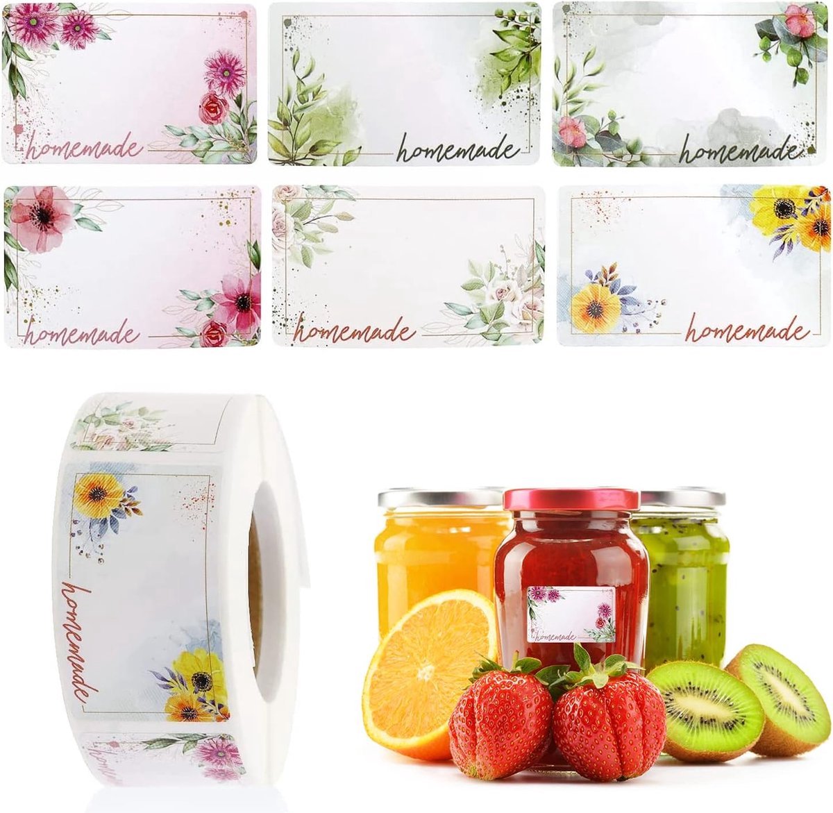 500 Pieces Jam Labels - Self-Adhesive Label - Flower Rectangular Jar Sticker Labels - For Freezer and Refrigerator - Labels - For Containers - Shelf Life Stickers - Shelf Life Labels - Freezer Containers - Refrigerator - Freezer - Writable