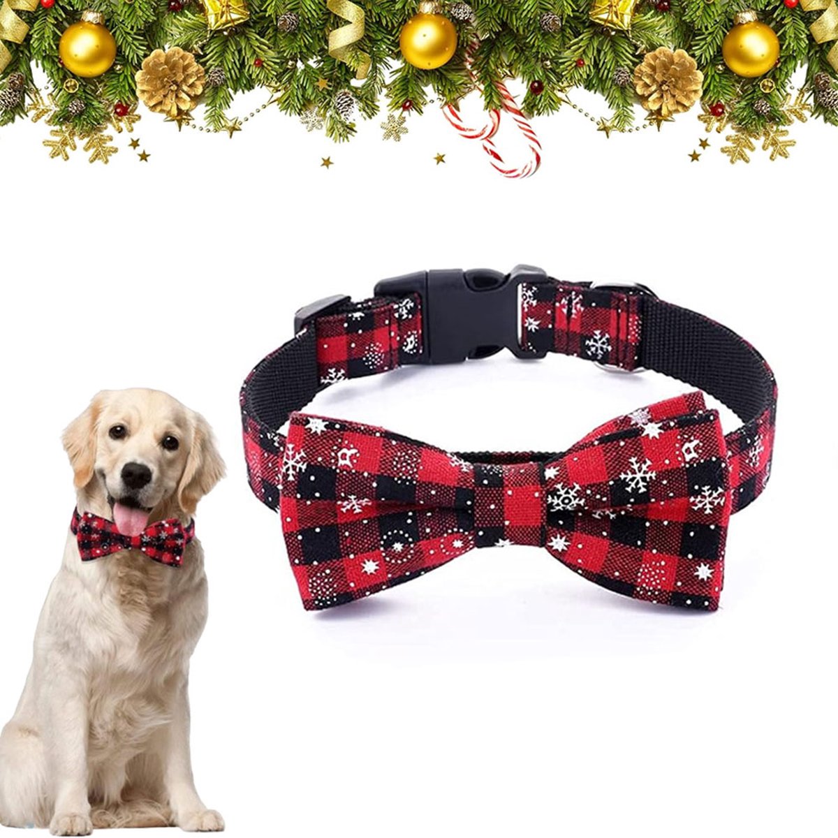Christmas Dog Bow Tie - Festive Dog Bow Tie - Collar with Bow - Dog Collar - Red - Checkered Bowtie - Adjustable Neckline - Dog Accessories - Dog Clothing - Dogwear - Christmas - Gift - Size XL