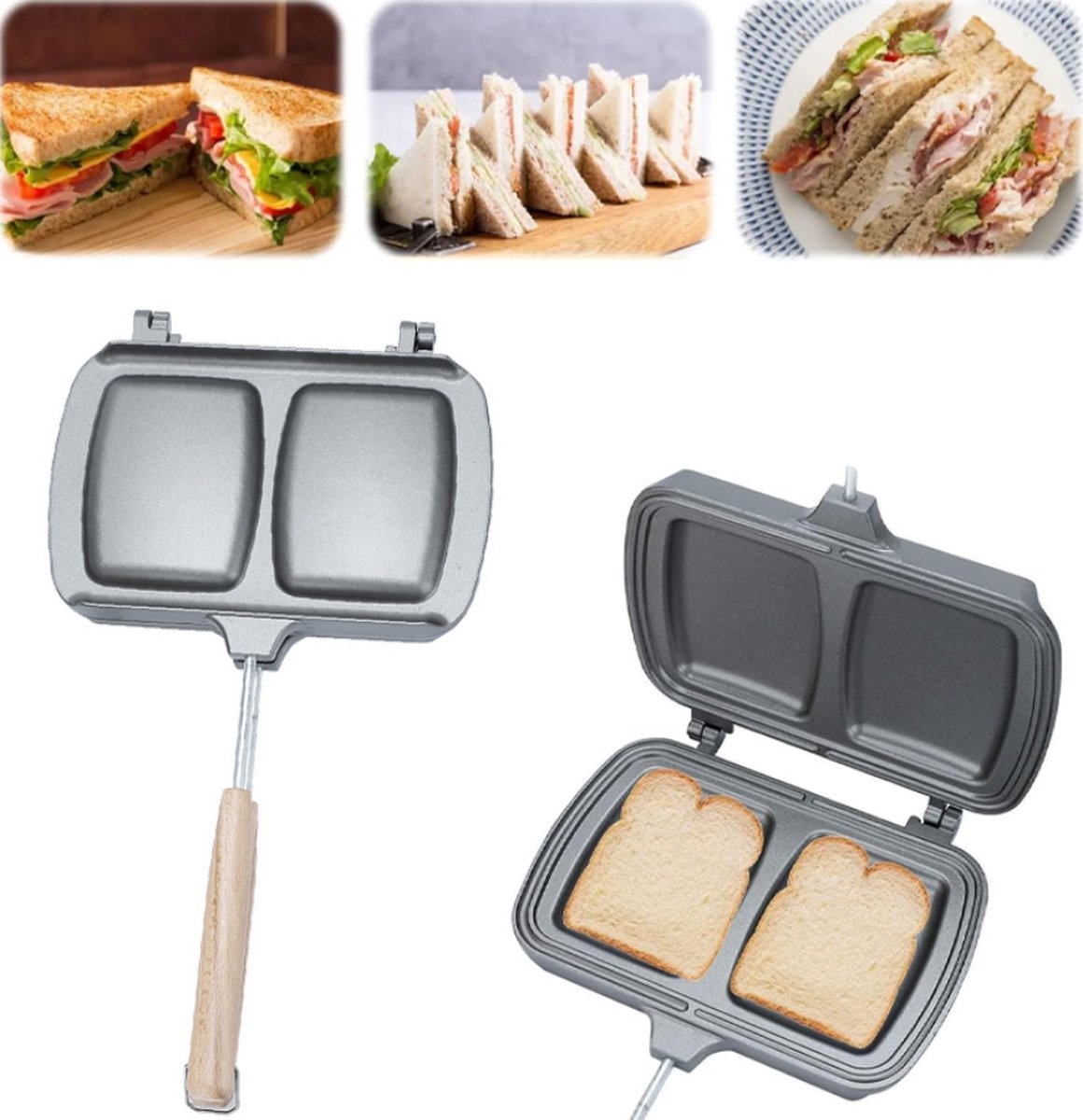 Reversible Sandwich Maker - Double-Sided Frying Pan - Contact Grill - Non-Stick Gas Toaster - Sandwich Plate - With Handle - Omelet Sandwich Maker - Grey