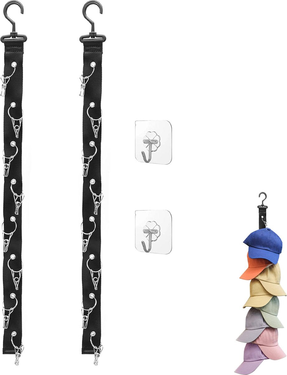 Hat Rack - 2 Pieces - Cap Rack - Cap Organizer - Wall Hat Hook - Hat Holder - Simple Hat Rack - Clothes Hanger - Cap Organizer - Cap Holder - Hanging Baseball Cap - Wall Mount with Hooks - 360 Degree Rotatable - 8 Hat Storage Clips