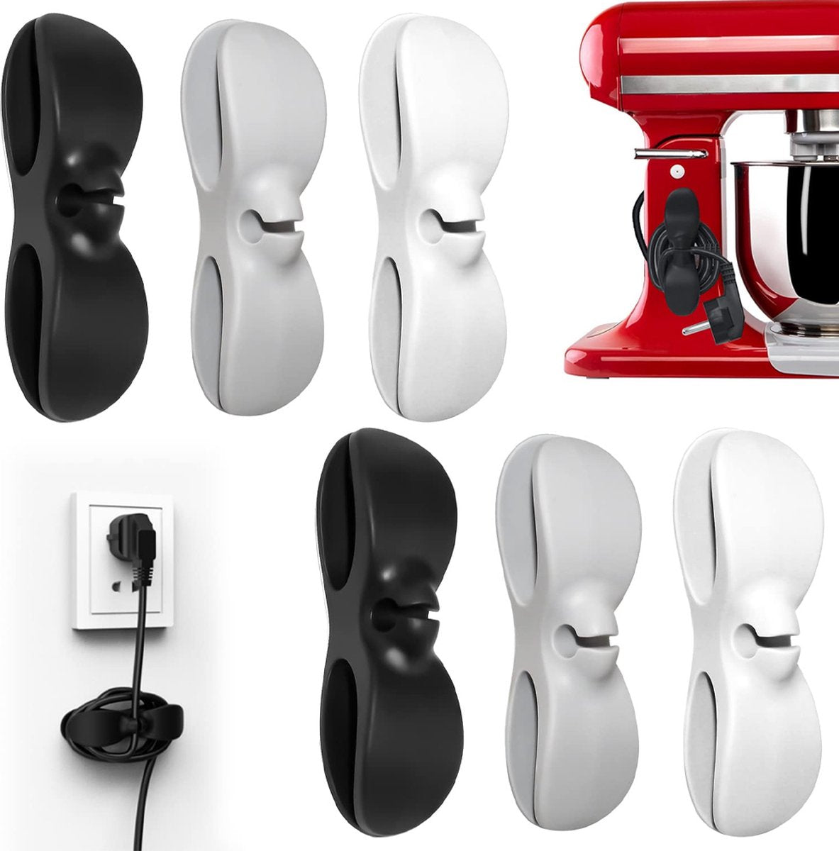 Cable Organizer - 6 Pieces - Cable Organizer - Cable Reels - Winder Cord Clip - Cable Wire Clips - Cord Holder - Cable Holders - Kitchen Organizers - Cable Reel Devices - Cable Holder - Gadget Accessories - Self-Adhesive - Black/Gray/White
