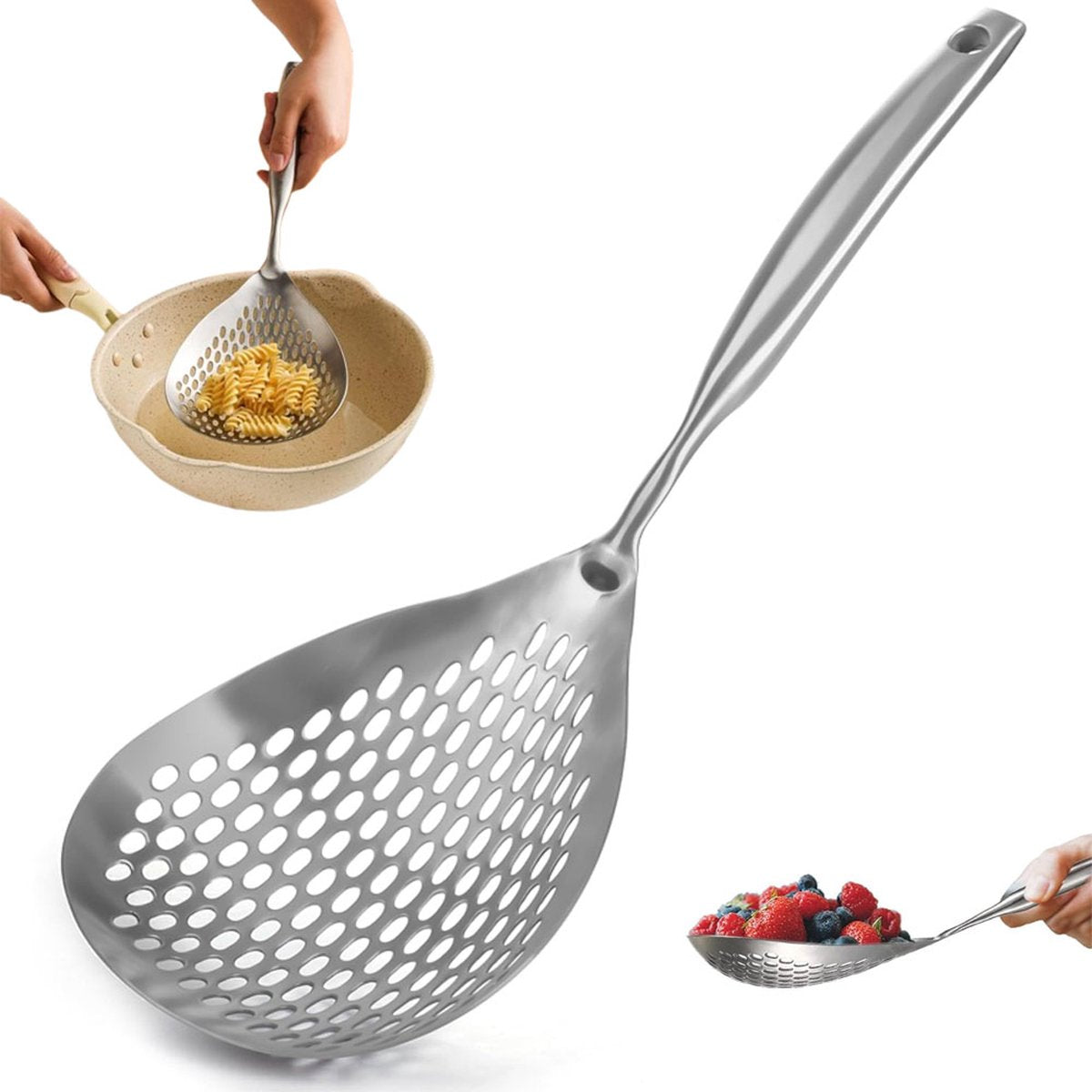 Skimmer - Stainless Steel - Deep-frying Spoon - Deep-frying Scoop - Food Sieve - Skimmer Spoon - Colander Spoon - Non-Stick - Hanging Handle - Dishwasher Safe - Draining Potatoes/Vegetables/Pasta - Sieve - Colander - Cooking Supplies - Kitchen Tools