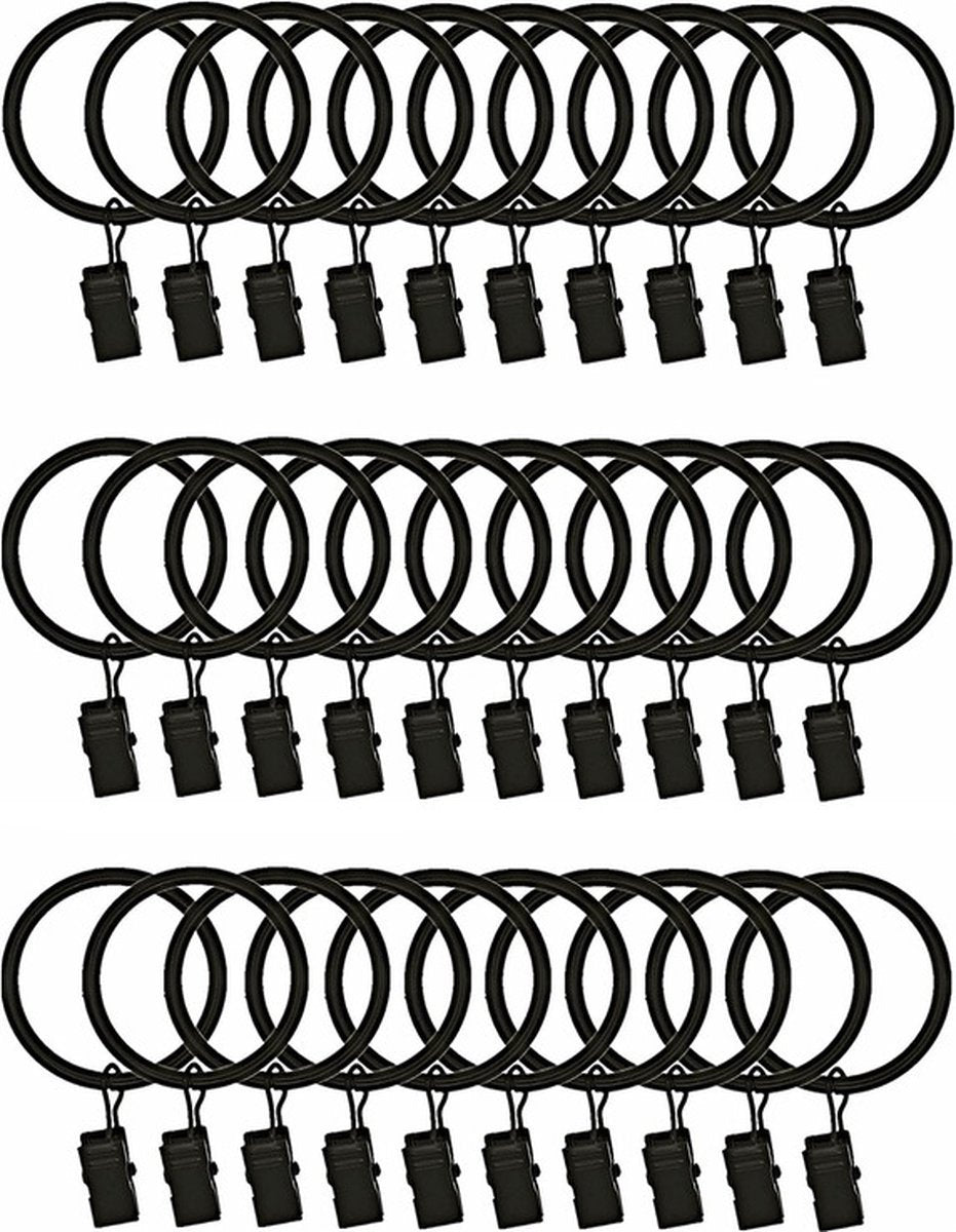 30 Pieces Curtain Rings with Clips - Curtain Rings - Thicker - 32mm - Stainless Steel - Shower Curtain Rings - Curtain Hooks - Curtain - Shower Curtain - Hooks - High Quality - Black - Value Pack