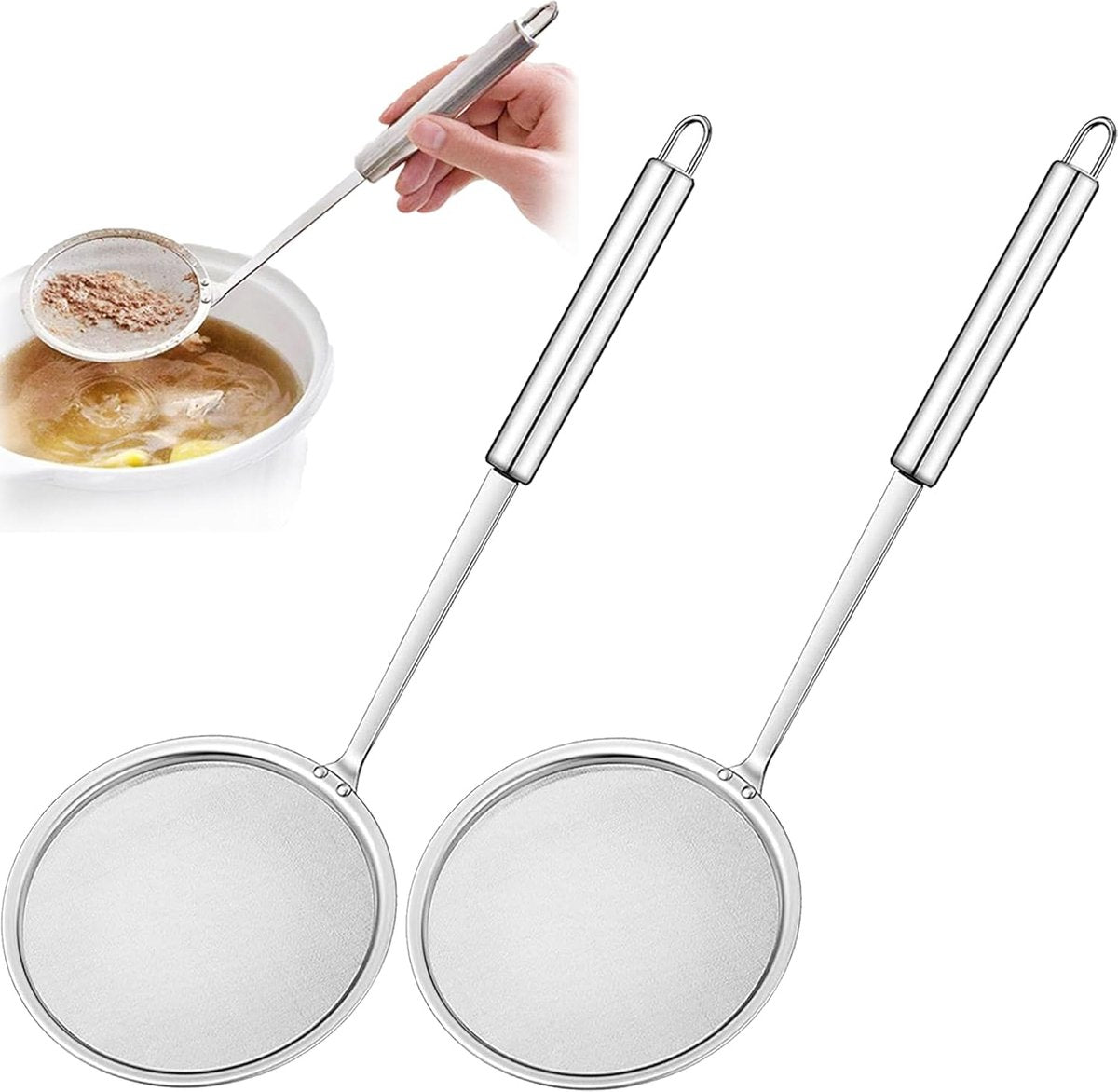 Skimmer - 2 Pieces - Deep-frying Spoon - Deep-frying Scoop - Food Sieve - Skimmer Spoon - Colander Spoon - Draining Potatoes/Vegetables/Pasta - Cooking Supplies - Kitchen Tools - Skimmer Spoon - Sieve - Colander - Hanging - With Handle - ø10 cm - Stainles