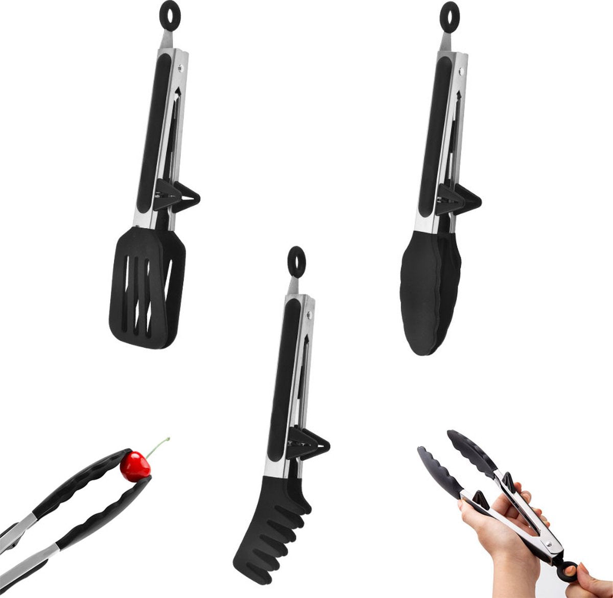 Meat Tongs - Set of 3 - Kitchen Tongs - Spaghetti Tongs - Pasta Tongs - Serving Tongs - Cooking Tongs - With Support Feet and Hanging Holes - Salad Tongs - Asparagus Tongs - BBQ Tongs - BBQ Accessories - Stainless Steel and Silicone - Kitchen Utensils - F