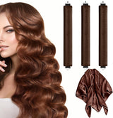 Heatless Curls - 3 Pieces - Satin - For Voluminous Curls - Curlers - Hair Rollers - Heatless Blowout Set - Heatless Curls Tool - Curls Without Heat - Curly Hair Products - Alternative to Curling Iron - Brown - All Hair Types - With Hair Scarf
