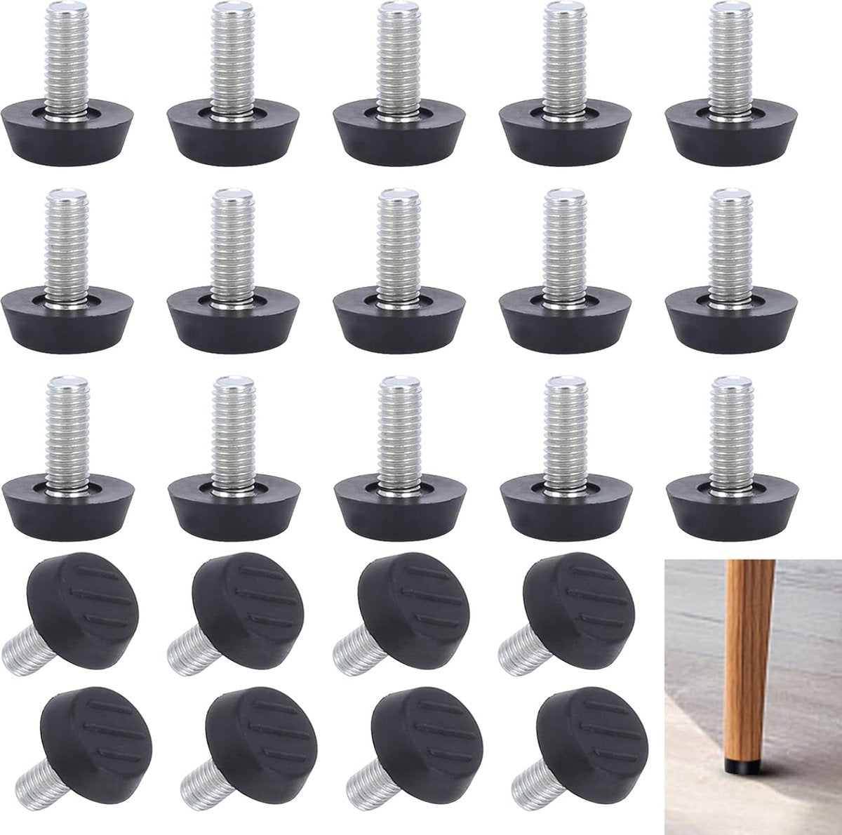 Adjustable Foot - 20 Pieces - Adjustable Feet with Felt Pads - Adjustable Foot M6 - 20mm Dia - Metal Adjustable Foot - 2.6 cm High - Furniture Coaster - Black / Silver - Plastic - Stainless Steel - Adjustable Feet - Felt Pads - Floor Protectors - Floor Gl