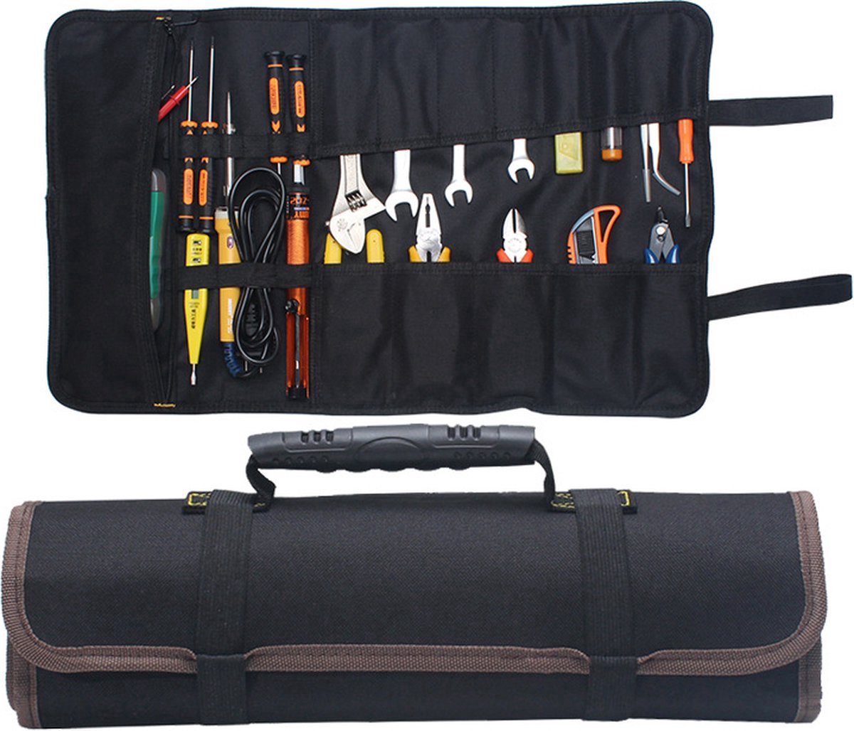 Roll-Up Case - Tool Bag - 600d Oxford Cloth - With Handle - Water-Resistant - Portable - Inner Pocket with Zipper - Easy Roll Bag - Multiple Compartments - 58 x 35 cm - Tool Pouch - Tool Roll - Black - Wear-Resistant & Durable (Without Tools)