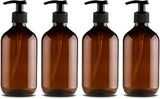 Set of 4 Pump Bottles, 500 ML, plastic soap dispenser Transparent brown, refillable shampoo bottle.
