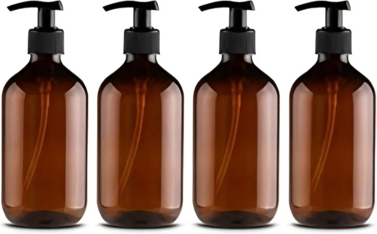 Set of 4 Pump Bottles, 500 ML, plastic soap dispenser Transparent brown, refillable shampoo bottle.