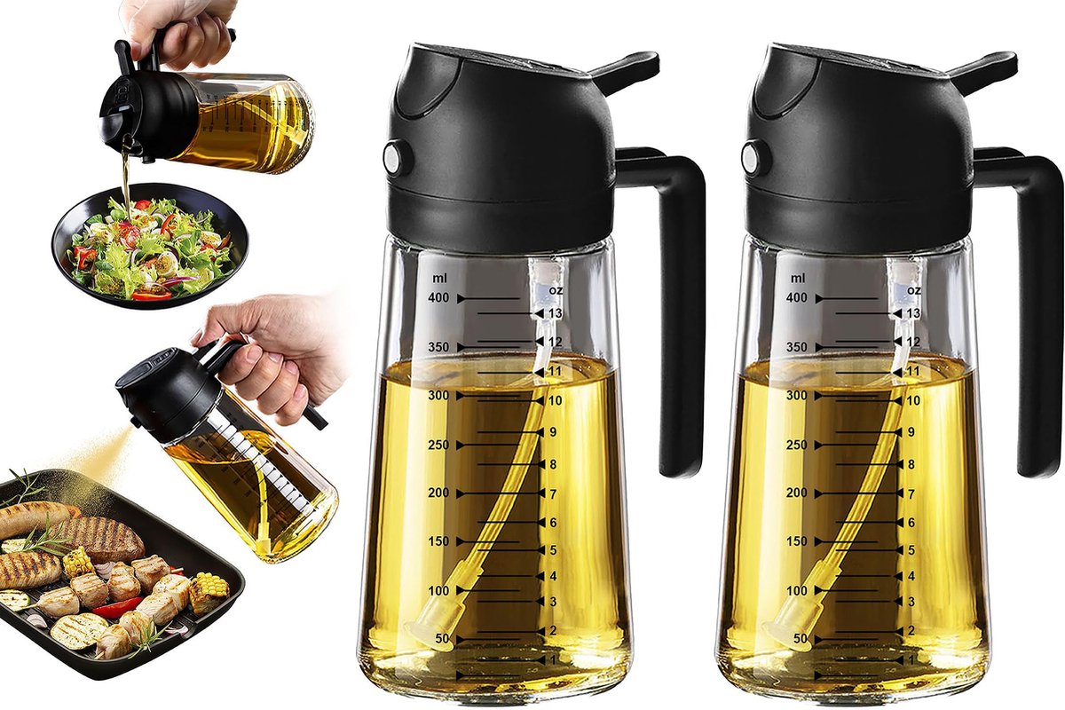 2-in-1 Olive Oil Sprayer - 470 ML - Glass - Olive Oil Bottle with Pour and Spray Function - Oil Atomizer - Oil Pump Cooking & Baking Spray - Refillable Oil Glass - BBQ Accessories - Airfryer - BPA-free - For Kitchen, Barbecue, Salads - 2 Pieces