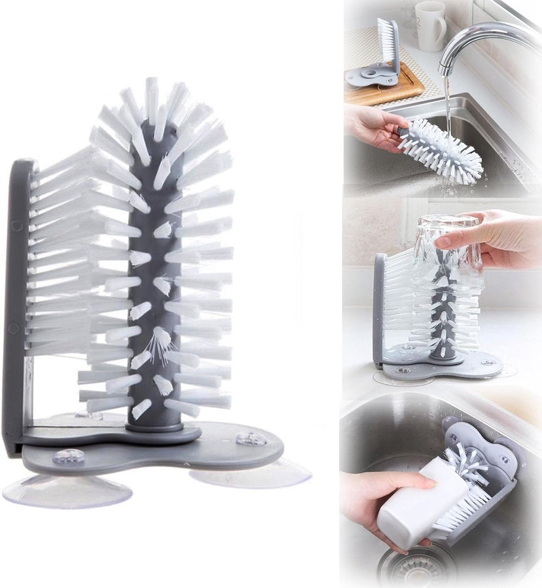 Rinse Brush - Glass Rinse Brush - Beer Glass Cleaner - For Glasses And Cutlery - Brush Cleaner - With Suction Foot - Dish Brush For Glasses - Cups - Mugs - Wine Glasses - Beer Glasses - Bar - Handy Kitchen Tools - For Cups, Mugs Or Glasses