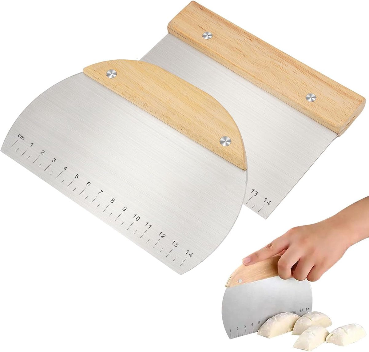 Dough Scraper - Pack of 2 dough spatulas with wooden handle - Dough Knife - Scraper - Vegetable Cutter - Dough Cutter - Dough Scraper - Dough Cutter - Durable - Stainless Steel - Dough Scraper - Semi-circular and Rectangular - Suitable for cutting dough, 