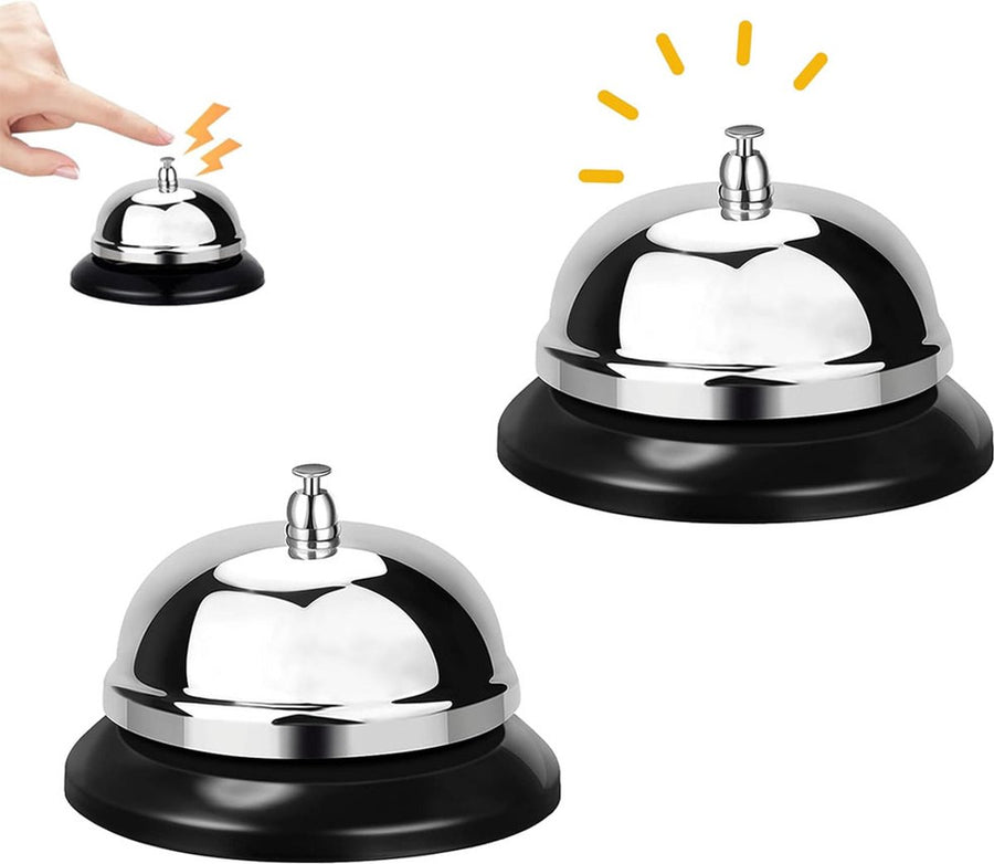 Table Bell - 2 Pieces - Reception Bell - Small Table Bell - School Bell - Counter Bell - Hotel Bell - Butler Bell - Kitchen Bell - Hospitality Bell - Santa Claus Bell - Stainless Steel - 9 Cm - Loud Sound - Bell - Silver/Black