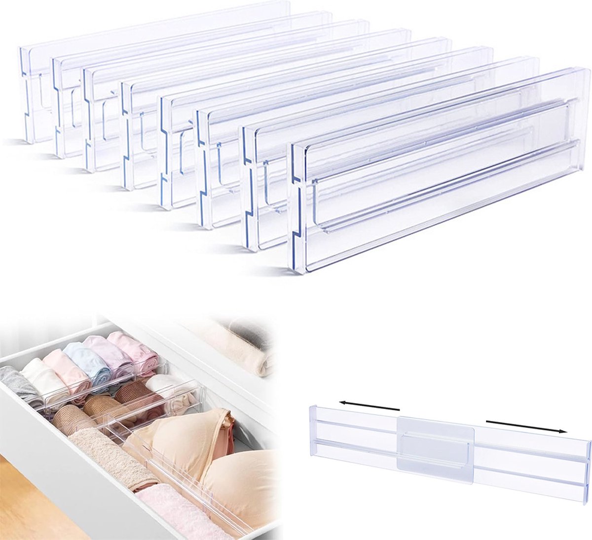 Drawer Divider - 8 Pieces - Drawer Organizer - Cutlery Organizer - Storage System - Drawer Trays - For Kitchen/Bedroom/Office/Clothing - Easy to Install - Organizers - Adjustable - Extendable - Plastic - Multifunctional - Transparent