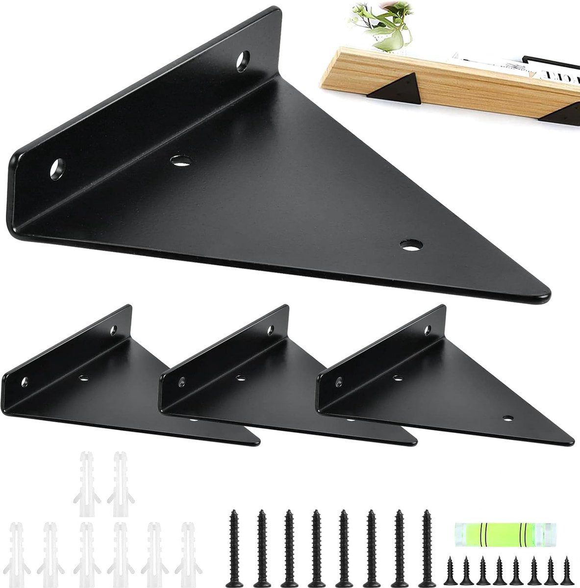 Shelf Brackets - 4 Pieces - Triangular Shelf Bracket - Wall Bracket - Wall Brackets - 80*100mm - Steel - Invisible - Triangular - Incl. Mounting Material - Floating Shelf Holder Wall Bracket - Metal Shelf Brackets - Black - For Living Room, Bedroom, Garag