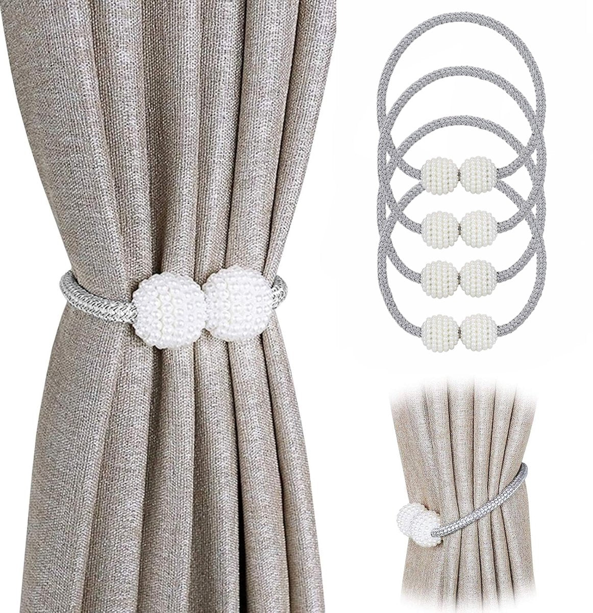 Curtain Tieback - Magnetic Curtain Cord - 4 Pieces - Super Strong Magnetism - Curtain Holder - Curtain Tie - Curtain Holder Clamps - Curtain Ties - Curtain Clamps - Curtain Clips - Accessories - Curtain Holder - Grey - No Drilling Required