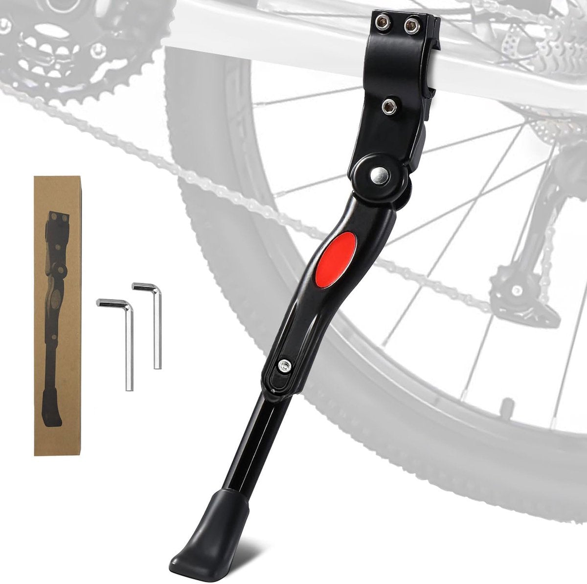 Single Adjustable Bicycle Kickstand - Suitable for 22'' to 17'' - Single Bicycle Stand - Side Stand - Aluminum Stainless Steel - Sturdy Wide Base - Easy to Install - Universal - Black - Bicycle, E-Bike, City Bike & Mountain Bike - With Hex Wrench