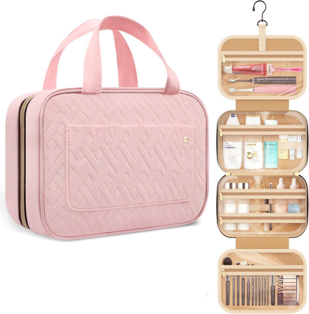 Toilet Bag With Hook - Hanging Toilet Bag - Women and Men - Water Resistant - Makeup Bag - Women's Beauty Case - Toilet Bag - Toilet Sack - Outdoor Travel Toilet Bag - Travel Organizer Men & Women, Girls and Children - Pink - Practical & Portable