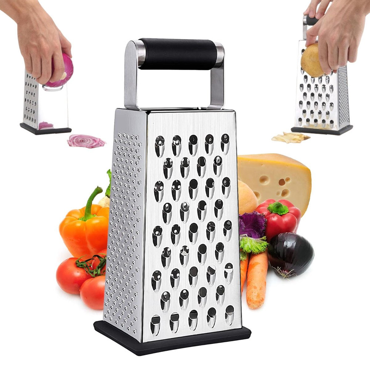 Box Grater - Graters - Stainless Steel - 4-Sided - Table Grater - Tower Grater - Kitchen Grater with Handle - Cheese Grater - Hand Graters - Cooking - Kitchen Utensils - Dishwasher Safe - Silver