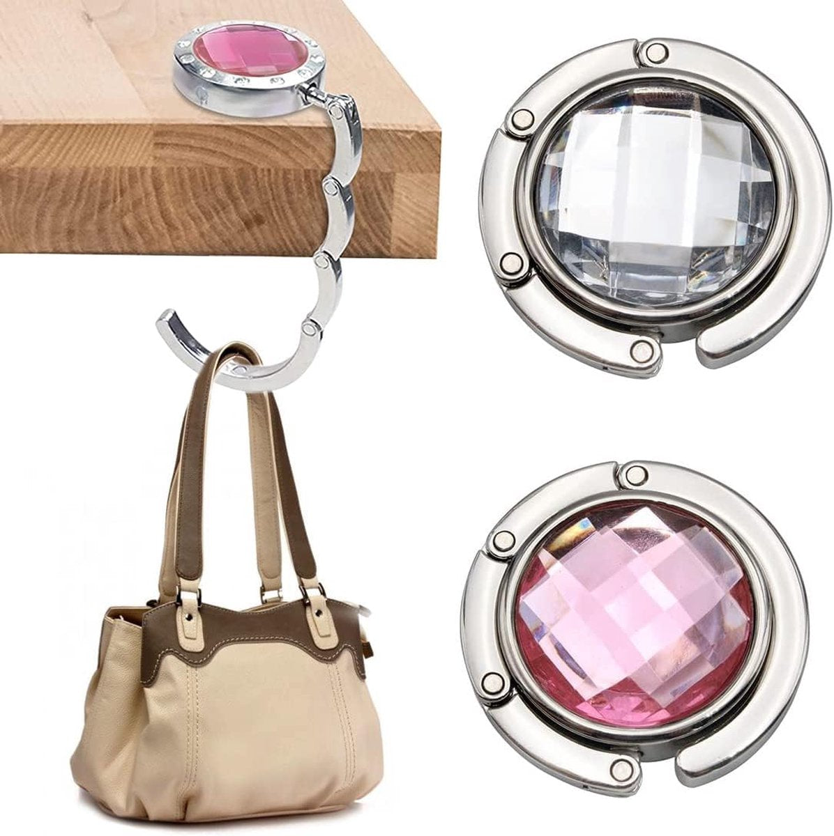 Table Bag Hook - Bag Hooks for Table - Set of 2 Portable Bag Hangers - Silver - Bag Hanger - Desk Bag Hanger - Small Bag Hooks - Handbag Hanger for Table - Foldable Bag Hook - Foldable Bag Hangers for Table - Pink / White